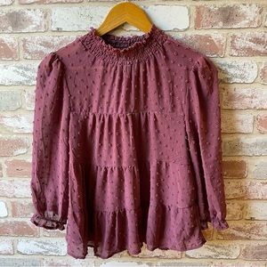 Monteau Maroon Mock Neck Long Sleeve Blouse Swiss Dot Sheer Women’s Size